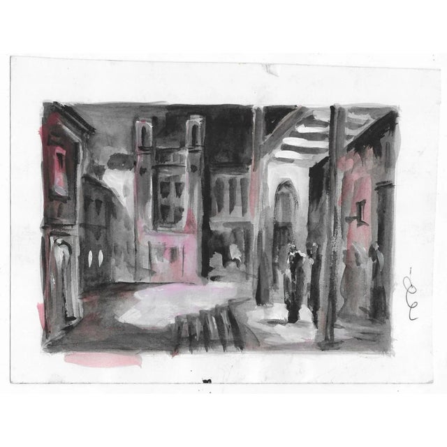 1950s MCM watercolor on paper cityscene with figures. Combined shipping available, please inquire.