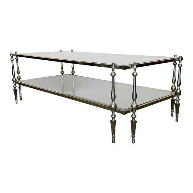 Mid-Century Modern Two-Tier Brass With Fumé Glass Rectangular Side Table For Sale