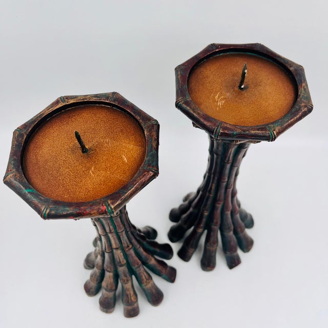 Vintage Faux Bamboo Bronze Metal Pillar Candleholders 12"h - A Pair For Sale - Image 9 of 16