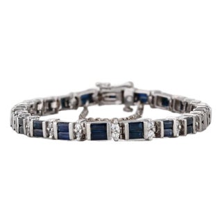 7.60ctw Blue Sapphire Diamond Tennis Bracelet 14k White Gold 7.25" 4.8mm For Sale