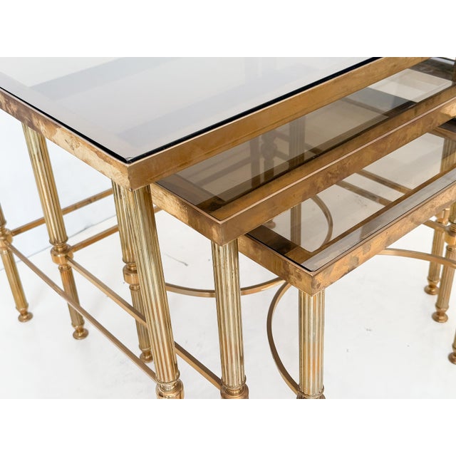 French Nesting Tables of Brass With Smoked Glass For Sale - Image 13 of 18