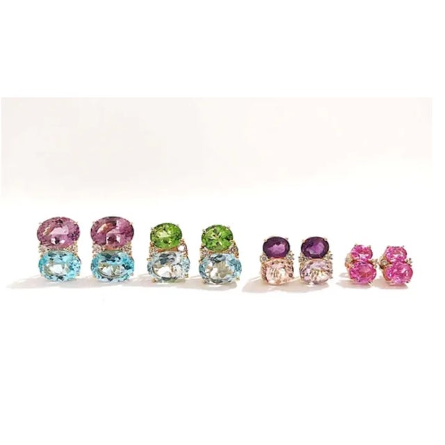 Large 18kt yellow gold GUM DROP™ earrings with Pale Blue Topaz (approximately 5 cts each), bright purple amethyst...