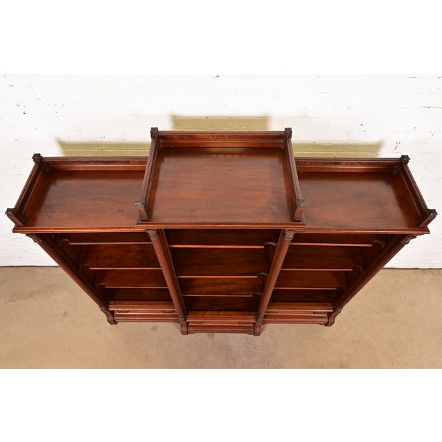 Brown Herter Brothers Style Antique Eastlake Victorian Carved Walnut and Burl Wood Triple Bookcase, Circa 1880s For Sale - Image 8 of 11