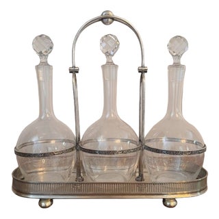 Antique Edwardian Glass Decanters and Silver Plated Stand, 1900, Set of 4 For Sale