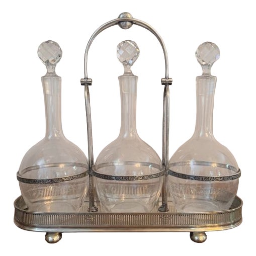 Antique Edwardian Glass Decanters and Silver Plated Stand, 1900, Set of 4 For Sale