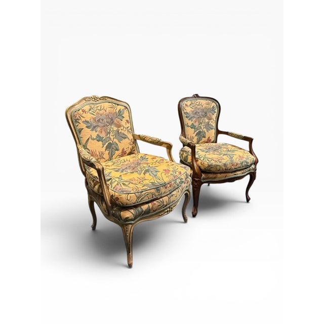 Pair of “His & Hers” French Provincial Bergère Chairs, 1960s For Sale - Image 4 of 15