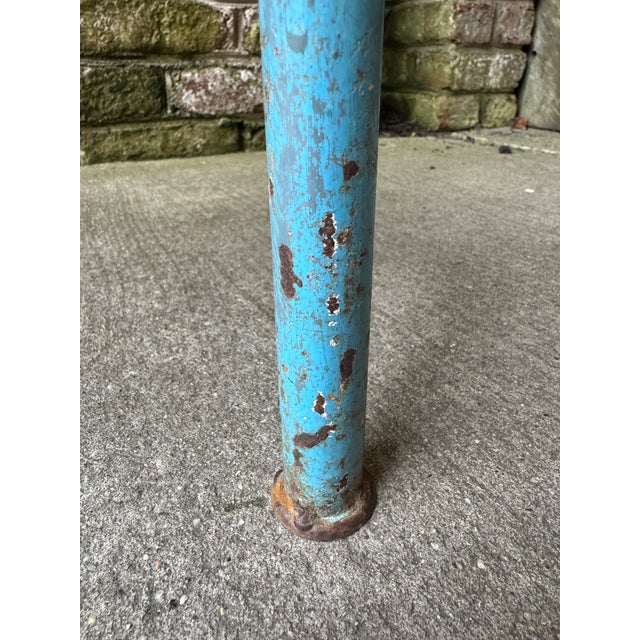 Turquoise Pair of Early 20th Century Metal Industrial Stools With Wooden Tops For Sale - Image 8 of 12