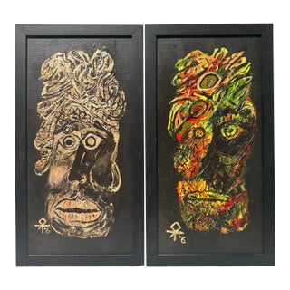Vintage Abstract Expressionist Faces Painting, Signed, Artist Unknown - Set of 2 For Sale