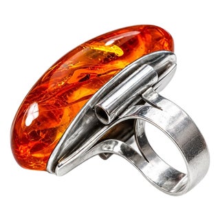 1920s Art Deco Sterling Silver 925 Huge Baltic Amber Ring Band, Size 8.25 For Sale