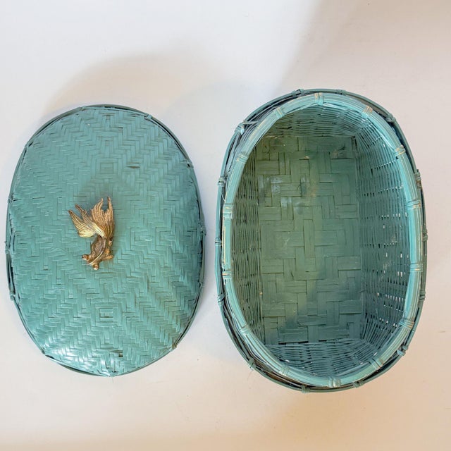 Wood Vintage Lacquered Teal Woven Box With Brass Koi Fish Finial Knob For Sale - Image 7 of 10