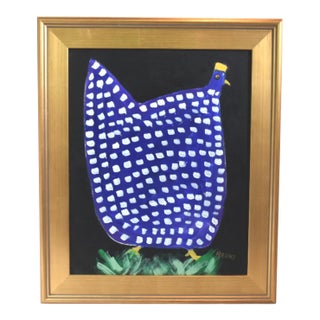 Blue and White Original Folk Art Chicken Hen Painting by Ruth Arenz Including the Antiqued Gold Wood Frame For Sale