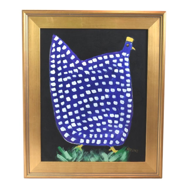 Blue and White Original Folk Art Chicken Hen Painting by Ruth Arenz Including the Antiqued Gold Wood Frame For Sale