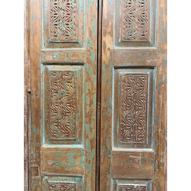 Green Antique Hand-Carved Double Wooden Doors – Distressed Green Rustic Barn Doors 80 For Sale - Image 8 of 8