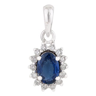 Oval Cut Blue Sapphire Diamond Halo Vintage Pendant in 14k White Gold For Sale