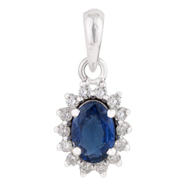 Oval Cut Blue Sapphire Diamond Halo Vintage Pendant in 14k White Gold For Sale