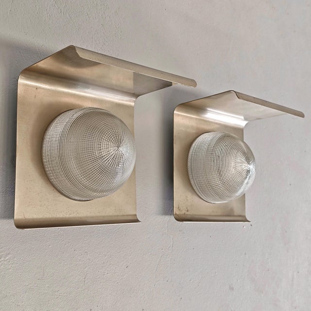 Wall Lamps in Nickel-Plated Metal Sheet and Glass, 1960s, Set of 2, in Very Good conditions. Designed 1960 to 1969...