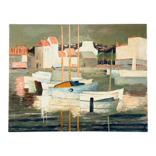 1960s Pierre Palue French Marine Fishing Boats Signed Oil on Canvas For Sale
