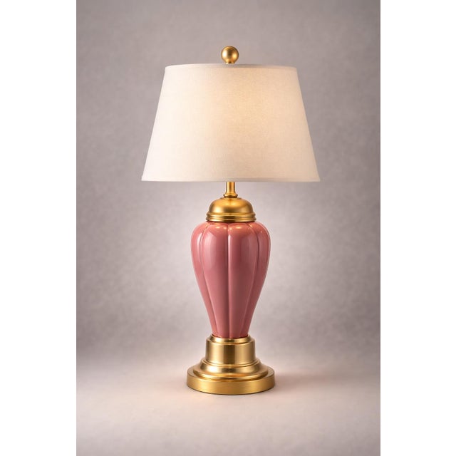 Ceramic Late 20th Century Hollywood Regency Pink Fluted Ceramic & Brass Table Lamp With Linen Shade For Sale - Image 7 of 11