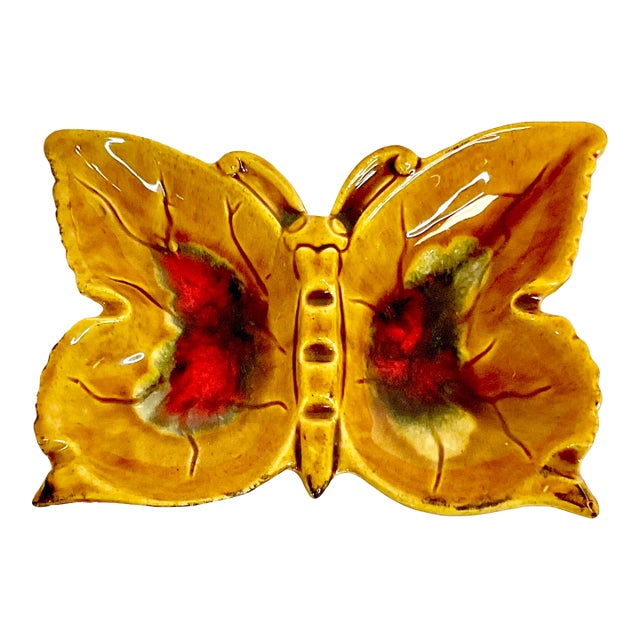 Mid-Century Modern Boho Chic Folk Art Ceramic Butterfly Ashtray Catchall. For Sale