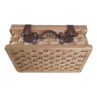 1980s Pre Owned Woven Wicker & Pine Wood Leather Strap Picnic Basket For Sale
