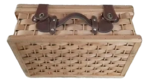1980s Pre Owned Woven Wicker & Pine Wood Leather Strap Picnic Basket