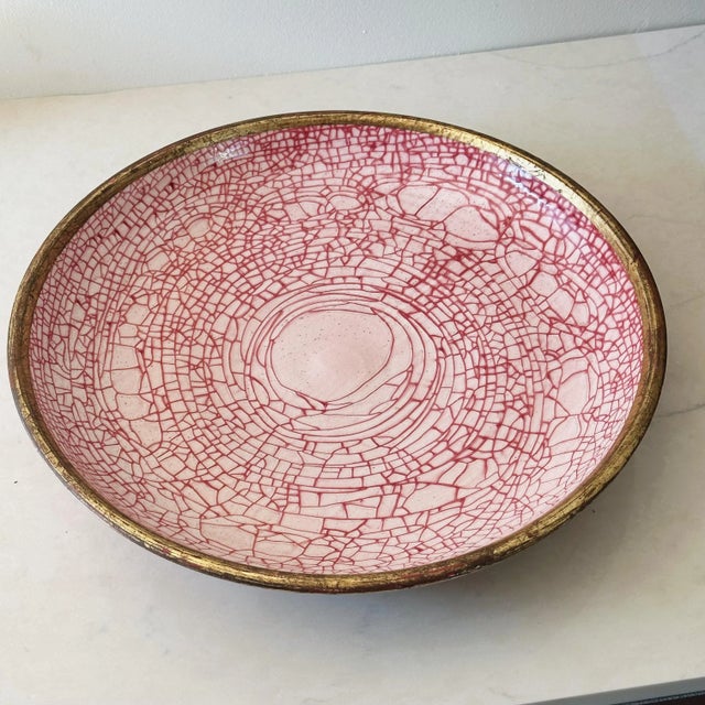 Vintage Hand Thrown Italian Ceramic Charger Bowl in Red Crackle Glaze With Gold Border For Sale - Image 4 of 10