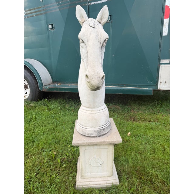 Elevate your estate's architecture with this commanding Vintage Hollywood Regency Monumental Concrete Horse Head Bust...