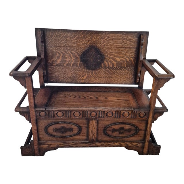 Vintage Carved Oak Monk's Bench For Sale