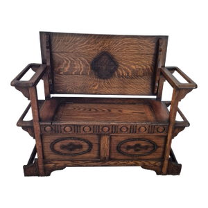 Vintage Carved Oak Monk's Bench