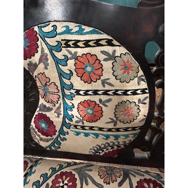 Antique Victorian Style Carved Mahogany Loveseat With Suzani Textile Upholstery For Sale - Image 12 of 18