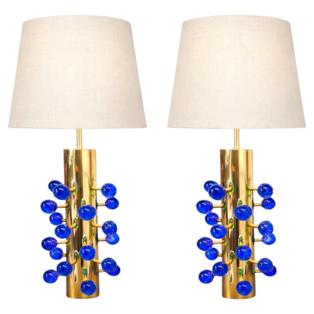Italian Table Lamps in Brass and Blue Murano Glass from Justfurnituress SRL, Set of 2 For Sale - Image 11 of 11