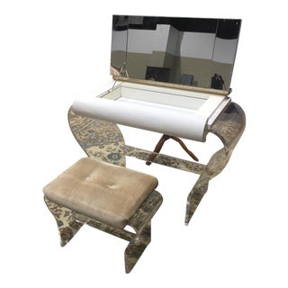 1970s Modern White & Clear Lucite Hill Mfg. Mirrored Vanity With Matching Upholstered Stool - 2 Pieces For Sale