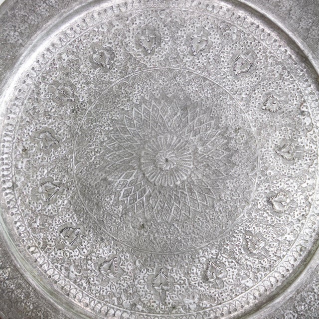 Tin on Copper Hand Engraved Round Ghalamzani Persian Tray For Sale - Image 9 of 11