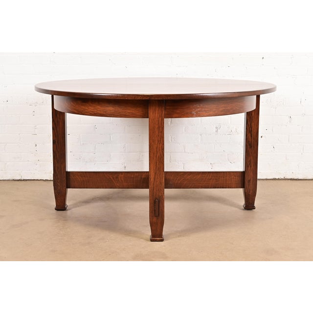 Mission Stickley Brothers Antique Mission Oak Arts & Crafts Round Dining Table, Newly Refinished For Sale - Image 3 of 10