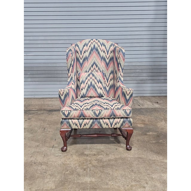 Mahogany Williamsburg Queen Anne Style Wing Back Chair New Flame Stitch Fabric For Sale - Image 4 of 9