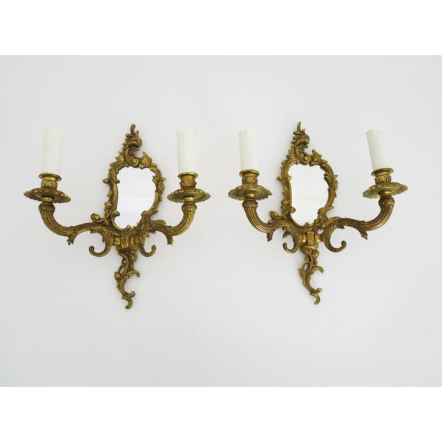 Gold Vintage Bronze Wall Lights with Mirror and 2 Candles in the style of Lucien Gau, 1960s, Set of 2 For Sale - Image 8 of 8