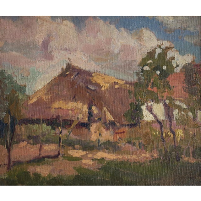 ANTIQUE ORIGINAL OIL ON BOARD PAINTING Depicting a rural scene with vernacular buildings under a blue sky with magnificent...