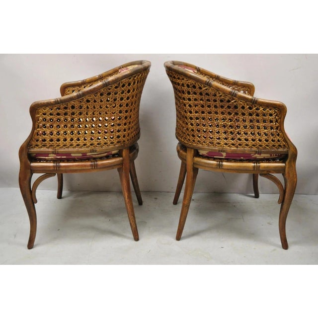 Vintage Hollywood Regency Faux Bamboo Cane Barrel Back Lounge Chairs (A) - Pair For Sale - Image 4 of 12