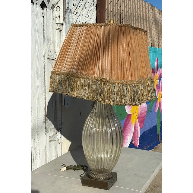 Mid-Century Modern 1940s Monumental Murano Glass Lamp With Custom Silk Velvet Fringe Trim Shade For Sale - Image 3 of 17