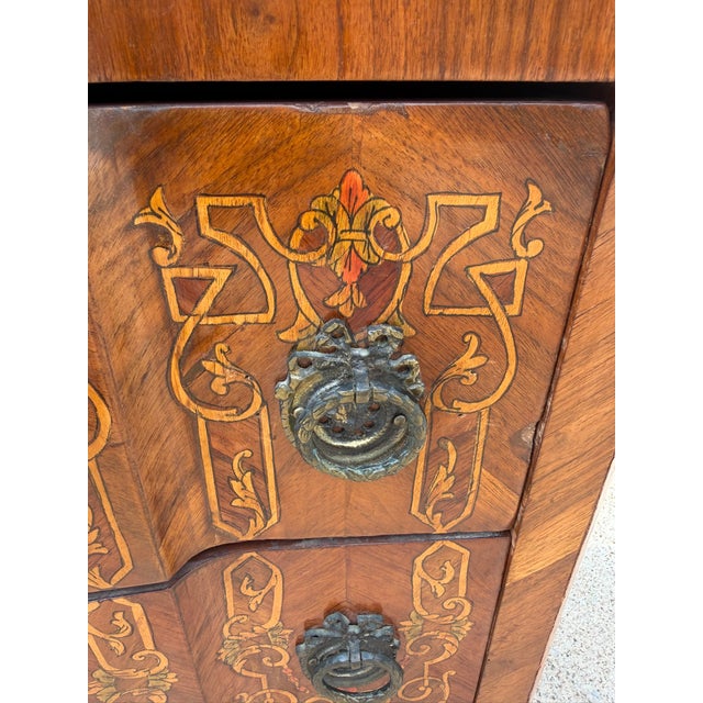 Vintage Louis XV Style Floral Marquetry Bombe Commode With Marble Top For Sale - Image 16 of 18