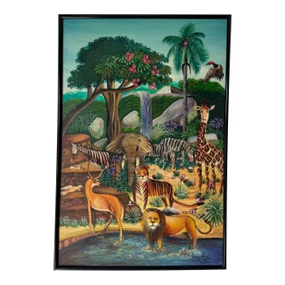 1970’s Vintage Haitian Naïve Tropical Jungle Landscape Oil on Canvas Painting by J. Remy Etienne For Sale