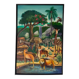 1970’s Vintage Haitian Naïve Tropical Jungle Landscape Oil on Canvas Painting by J. Remy Etienne