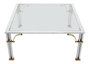 Mid-Century Modern Brass Chrome Glass Top Square Coffee Table