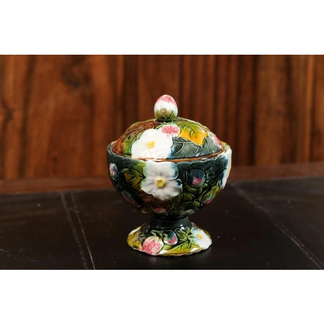 19th Century French Lidded Majolica Strawberry Bowl with Flowers and Foliage For Sale - Image 12 of 13