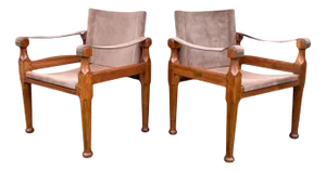 Suede and Teak Open Frame Safari Chairs with Sling Arms, 2000s, Set of 2