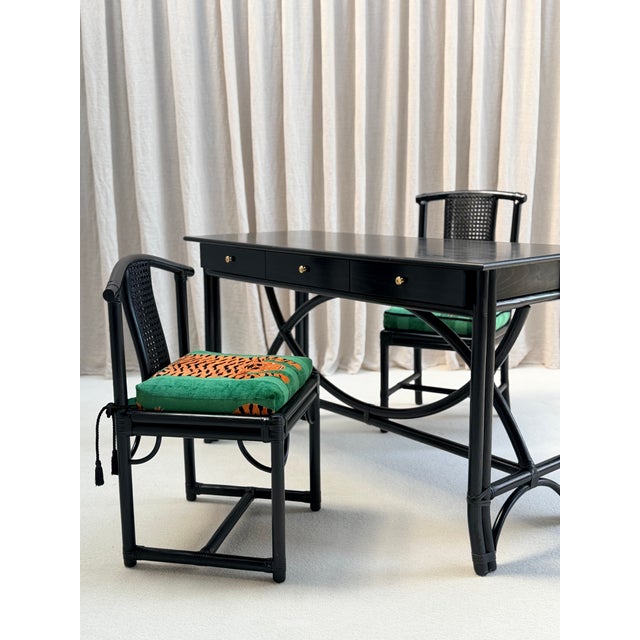 Faux bamboo desk set, gasparucci italo, italy, 1970s. freestanding desk with 3 drawers. Two chairs. black lacquered faux...
