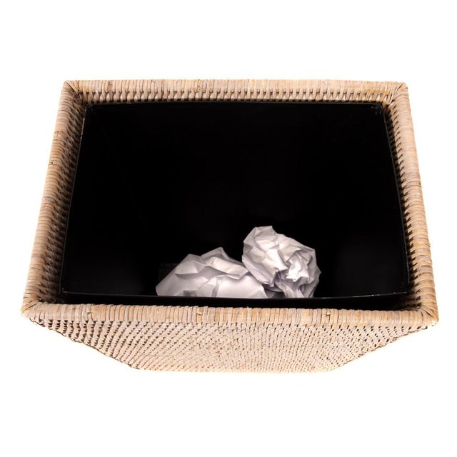 Boho Chic Artifacts Rattan Rectangular Tapered Waste Basket with Metal Liner in White Wash - 11" For Sale - Image 3 of 6