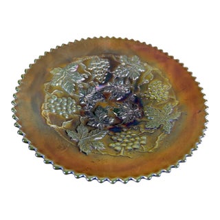 Signed Antique Northwood "Grape and Cable" Green Carnival Glass Plate For Sale