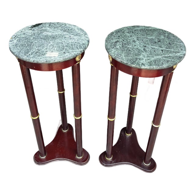 Vintage Pair of Green Stone Top Round Side Tables For Sale