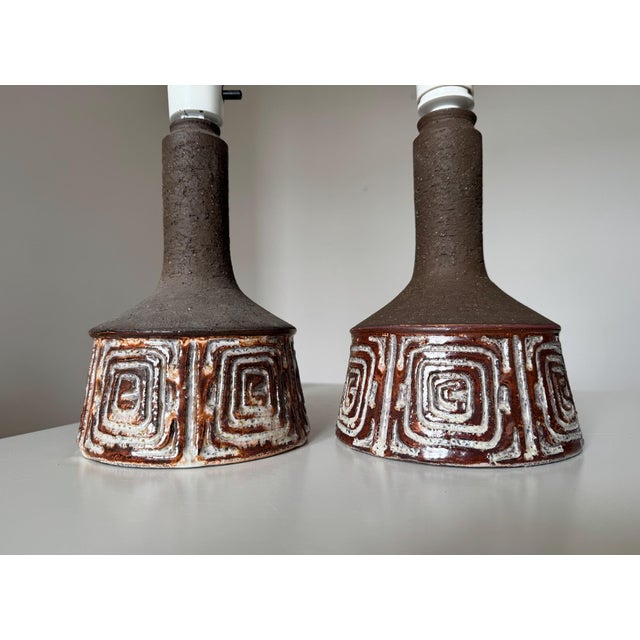 Pair of two graphic stoneware table lamp designed by Jette Hellerøe Denmark, signed, stamped and numbered Nr. 638....